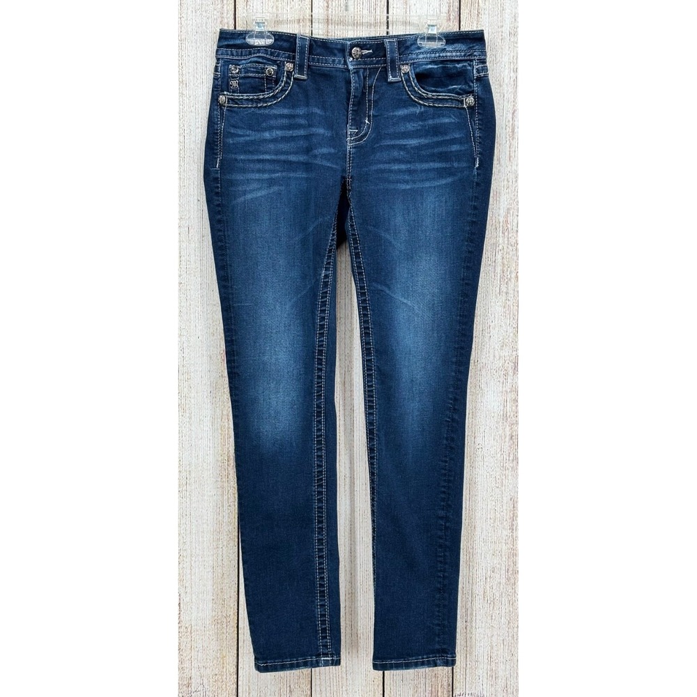 Miss Me Jeans Size 29 x 31 Straight Leg Mid Rise Embellished Pockets Distressed